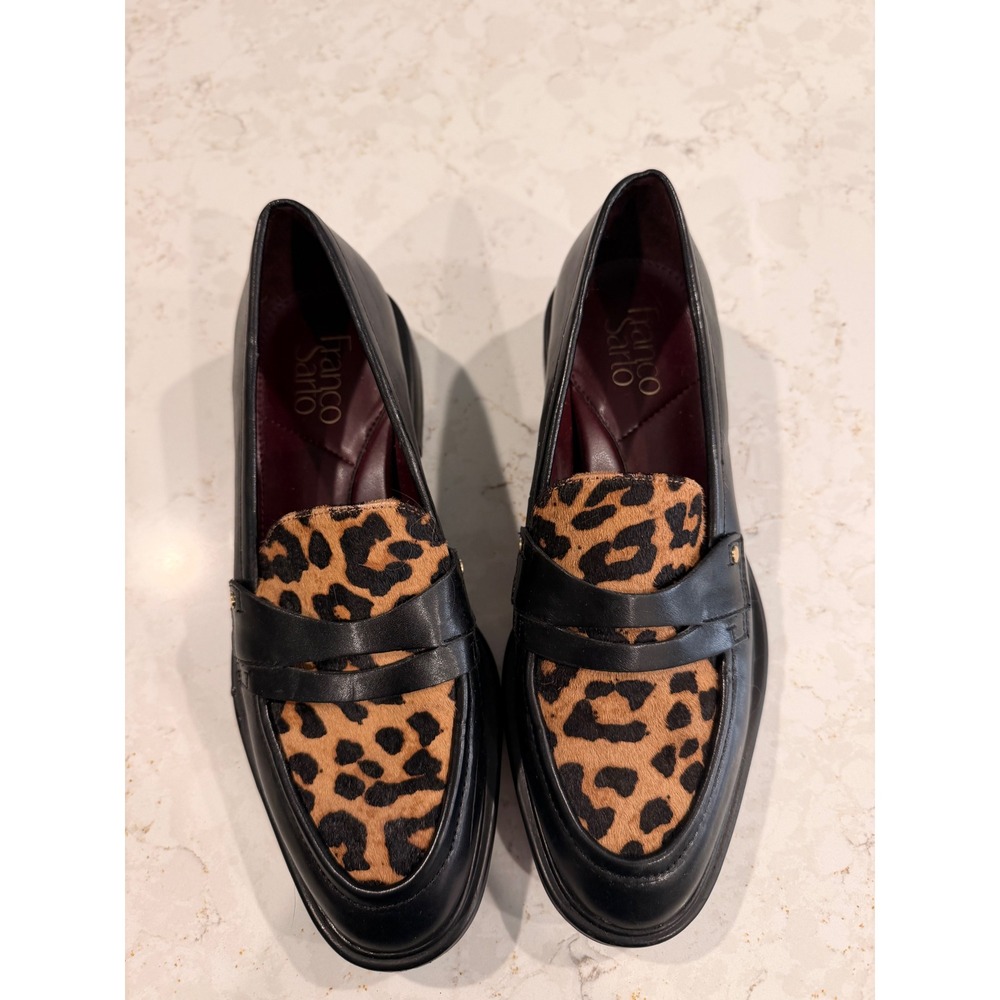 Franco Sarto Edith Black Leather Leopard Calf Hair Penny Loafers Womens 7M